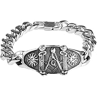 Men's Stainless Steel Freemason Masonic Bracelet,Handmade Hight Polished Cuban Curb Link Chain Bangle,Master Mason Symbol Retro Religious Totem Chunky Jewelry (Color : Silver)