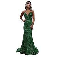 Women's Sparkly Sequin Prom Dresses Mermaid Long Formal Dress V-Neck Sequins Spaghetti Straps Evening Party Gown Emerald Green