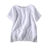 Minibee Women's Summer Linen Tunic Shirt High Low Hem Embroidery Blouse Top