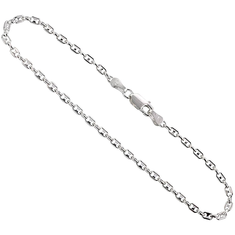 2.5mm Sterling Silver Puffed Anchor Chain Necklaces & Bracelets Nickel Free Italy, sizes 7-30 inch