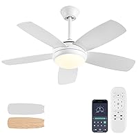 42 inch White Ceiling Fans with Lights and Remote Control,Dimmable 3-Color Temperatures LED Ceiling Fan, Reversible, Noiseless, White Ceiling Fan for Bedroom, Indoor/Outdoor Use