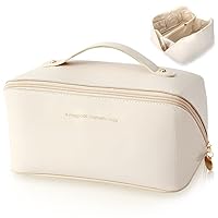 Travel Makeup Bag, Large Open Flat Cosmetic Bags for Women and Girls Vegan PU Leather Waterproof Toiletry Bag Portable Make Up Case Organizer with Zipper Pouch & Handle (White)
