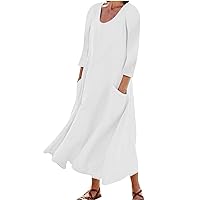 XJYIOEWT Summer Sundresses for Women 2024 Maxi, Summer Casual Womens 3 of 4 Sleeve Crew Neck Loose Boho Dress with Pock