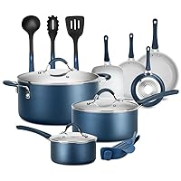 NutriChef 14-Piece Navy Blue Cookware Set - Durable Non-Stick Pots and Pans Set with Lids & Utensils, Compatible with All Cooktops