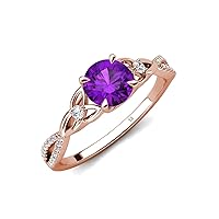 Round Amethyst set in Tiger Claw Four Prong & Side Round Natural Diamond of 1.03 ctw Women Celtic Love Knot Entwined Engagement Ring in 14K Gold