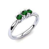 Sterling Silver 925 Emerald Round 3.00mm Three Stone Mini Ring With Rhodium Plated | Beautiful Evergreen Design Ring For Everyday Accessories.