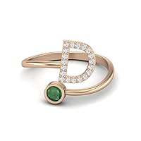 Capital D Initial Letter Natural Emerald Gemstone Women Ring Adjustable Front Open Ring Jewelry 925 Sterling Silver