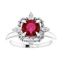 Round Cut Compass Point 1 CT Ruby Ring Platinum North Star Red Ruby Engagement Ring Victorian Ruby Diamond Ring July Birthstone Ring 15th Anniversary Ring