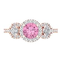 1.72ct Round Cut Halo Solitaire three stone With Accent Pink Simulated Diamond designer Modern Statement Ring 14k Rose Gold