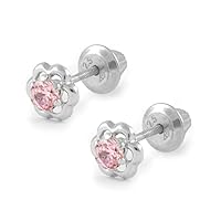 Girl's Gold Or Silver Pink Cubic Zirconia Flower Screw Back Earrings