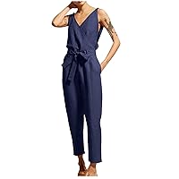 Women Sleeveless Long Rompers Sexy Casual Jumpsuit Trendy Slim Fit Lace Up Romper Pants Linen One Piece Outfit Pant
