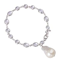 925 Sterling Silver Rhodium Plated White Topaz Dangle White Baroque Pearl Bracelet 7.25 Inch Jewelry for Women