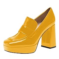FSJ Women Chic Square Toe Glossy Platform Pumps Chunky High Heel Slip On Party Prom Dress Ladies Casual Loafer Shoes Size 4-15 US