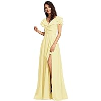 Dexinyuan Chiffon Bohemian Bridesmaid Dresses Long Slit Ruffle Sleeves V Neck Formal Prom Gowns for Women DXY131
