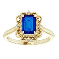 1.5 CT Blue Sapphire Engagement Ring with Emerald Accents, 14k Yellow Gold Vintage Style Halo Setting