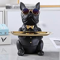 DKIIL NOIYB Resin Cool Dog Sculpture, Bulldog Decorative Figure Storage Tray, Coin Entrance Key Snack Holder Modern Art Statue Home Desktop Ornament Decoration (Black)