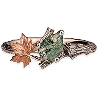 Nature Green Moss Agate Engagement Ring 925 Sterling Silver Gold Plated Handmade Ring