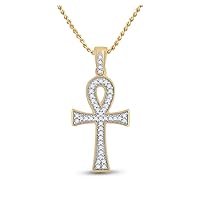 10K Yellow Gold Mens Diamond Ankh Glorious Cross Necklace Pendant 1/5 Ctw.