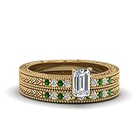 Choose Your Gemstone Antique Design Pave Wedding Ring Set yellow gold plated Emerald Shape Milgrain Engagement Rings Minimal Modern Design Birthday Gift Wedding Gift US Size 4 to 12
