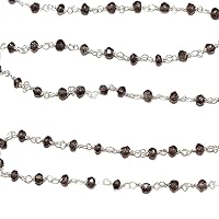 Smoky 3MM Faceted Rondelle Gemstone Beaded Rosary Chain by Foot For Jewelry Making - Silver Handmade Beaded Chain Connectors - Wire Wrapped Bead Chain Necklaces