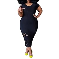 2021 Women's Plus Size Fashion Solid Color Ripped Short Sleeve Dress(J)