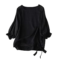 Cotton Linen Tops for Women Casual Vintage Crew Neck Shirts 3/4 Puff Sleeve Short Sleeve Side Tie Summer Tunic Blouse