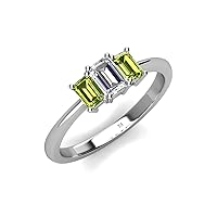 Emerald Cut (6x4 mm) Natural Diamond & Peridot 1 1/5 ctw 3 Stone Engagement Ring 14K Gold