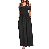 Maxi Dresses for Women 2024 Solid Color Cold Shoulder Sexy Fashion with Short Sleeve Round Neck Dress