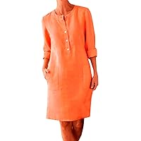 Women's Round Neck Knee Length Dress Boho Casual Loose Dress with Buttons Evening Dresses for Fall