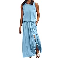 Womens Summer High Neck Sleeveless Long Maxi Dress Vintage Boho Floral Tank Beach Party Dresses Smocked Split Sundress