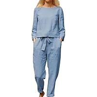 Womens Suits 2 Piece Set Summer Fashion Casual Outfits Solid Round Neck Blouse Loose Cotton Linen Pants Set 2024