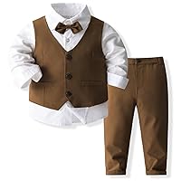 IDOPIP Toddler Kids Baby Boys Formal Suit Gentleman Outfit Long Sleeve Shirt with Bowtie + Vest + Pants Overalls Clothes 2-8T