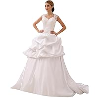 White Taffeta Pick Up Wedding Dress With Cap Sleeves And Open Back