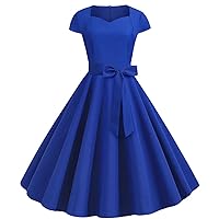 Casual Dresses for Women Trendy Casual Elegant Vintage Solid Cap Sleeve Pleated Soft Lightweight Dress with Belt