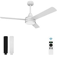 White Ceiling Fans with Lights and Remote, Modern Ceiling Fan, Indoor Outdoor Ceiling Fans with Lights, 20W 3-Color LED Light, Noiseless Reversible DC Motor (48