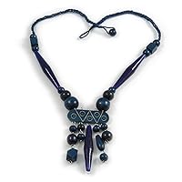 Tribal Wood/Ceramic Bead Cotton Cord Necklace in Dark Blue - 60cm Long/ 10cm Long Front Drop