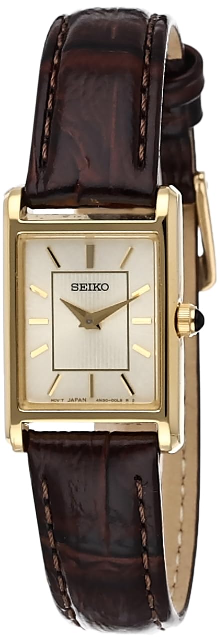 SEIKO SWR066 Watch for Women - Essentials Collection - Water Resistant with Gold-Finish Stainless Steel Case, Patterned Light Champagne Dial with Gold Accents, and Textured Brown Leather Strap