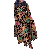 Women's Long Sleeve V Neck Long Maxi Dress Loose African Floral Print A Line Skirt Dresses Plus Size with Belt