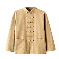 Men's Chinese Traditional Shirts Long Sleeve Tang Suit Top Button Pocket Kung Fu Uniform Linen Retro Tai Chi Street