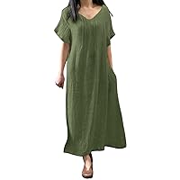 Women's Cotton Linen Midi Dress V Neck Short Sleeve Causal Loose Tshirt Dresses Summer Maxi Dress