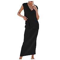 Black Evening Dresses for Women,Women's 2 Piece Sweater Skirt Sets Sleeveless V Neck Knit Ribbed Vest Tops Midi