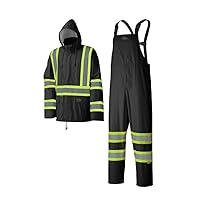 Pioneer Waterproof Lightweight Safety Rain Suit - Hi Vis Reflective Work Rain Gear - Safety Jacket &Bib Pants - Black