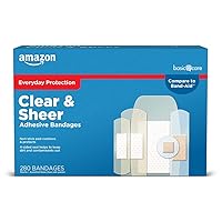 Amazon Basic Care Sheer and Clear Adhesive Bandages Family Variety Pack, First Aid and Wound Care Supplies, Assorted Sizes, 280 Count