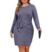 OLRIK Plus Size Sexy Wrap Dress for Women Wedding Guest Long Sleeve Midi Tie Knot Front Ruched Cocktail Dresses