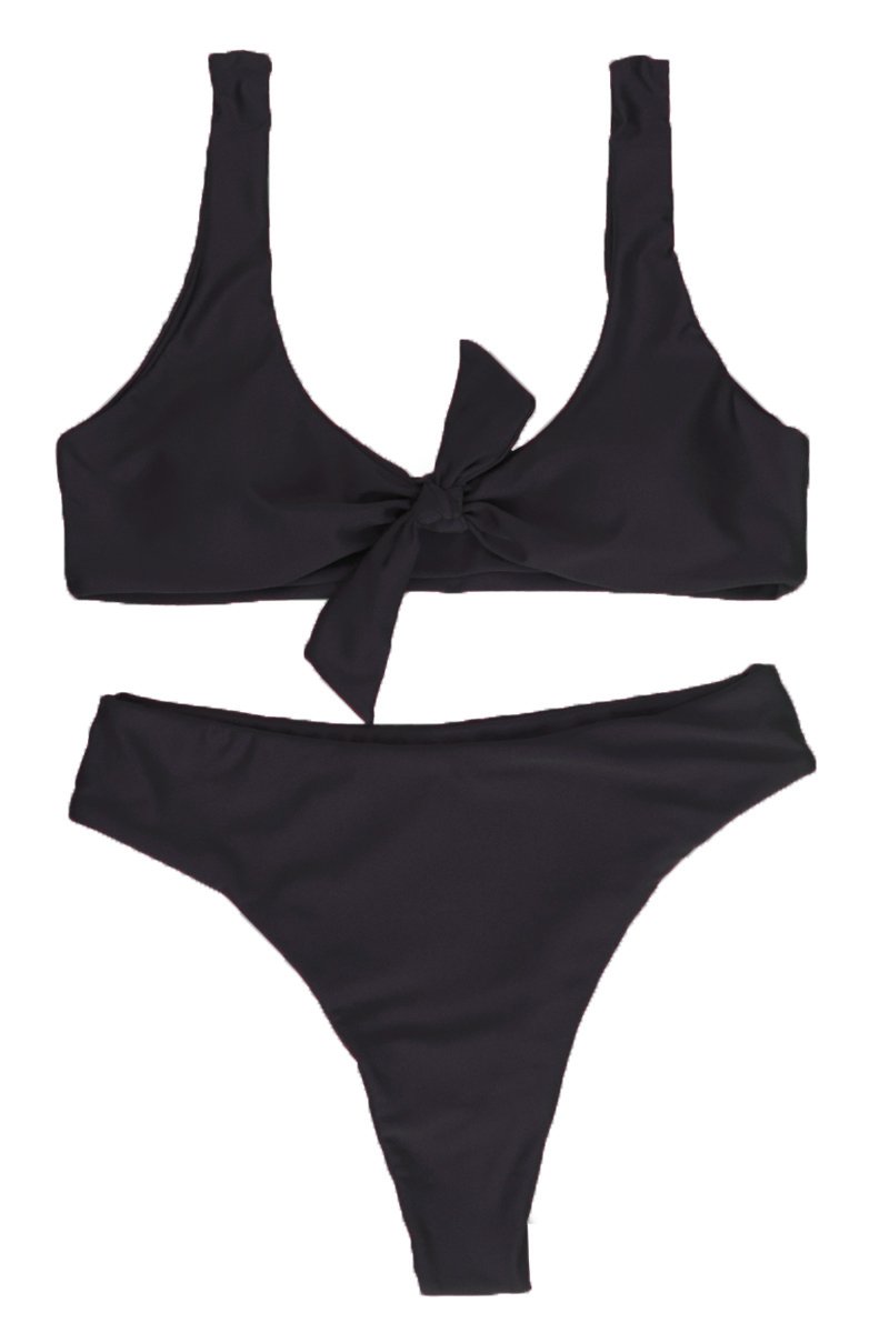 QINSEN Ladies Push up Padded Bandage High Waist Thong 2PCS Bikini Bathing Suit Black M