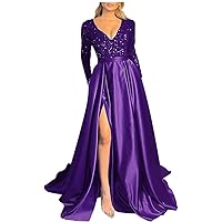 Long Sleeve Prom Dress Satin Sequin Formal Dresses for Women V-Neck Split Evening Gowns with Pockets
