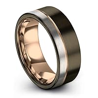 Tungsten Wedding Band Ring 8mm for Men Women 18k Rose Yellow Gold Plated Gunmetal Flat Cut Off Set Line Half Brushed Polished