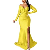 Satin Mermaid Prom Dresses Off Shoulder Long Sleeve Plus Size Party Dress with Slit