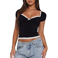 Women Y2K Coquette Lace Trim Baby Tee Short Sleeve Bow Shirts Cute Preppy Sweetheart Neck Summer Fitted Crop Tops