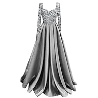 Flowy Satin Ball Gowns Long Sleeve Sequin Prom Dresses for Women Open Back A Line Formal Gown Evening Dress